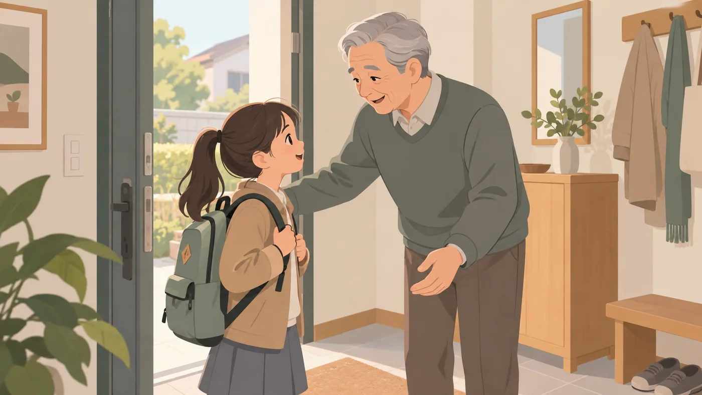 女孩背着书包在门口双手扶着肩带，与灰发年长男性面对面交流，年长男性伸手轻搭她肩侧。