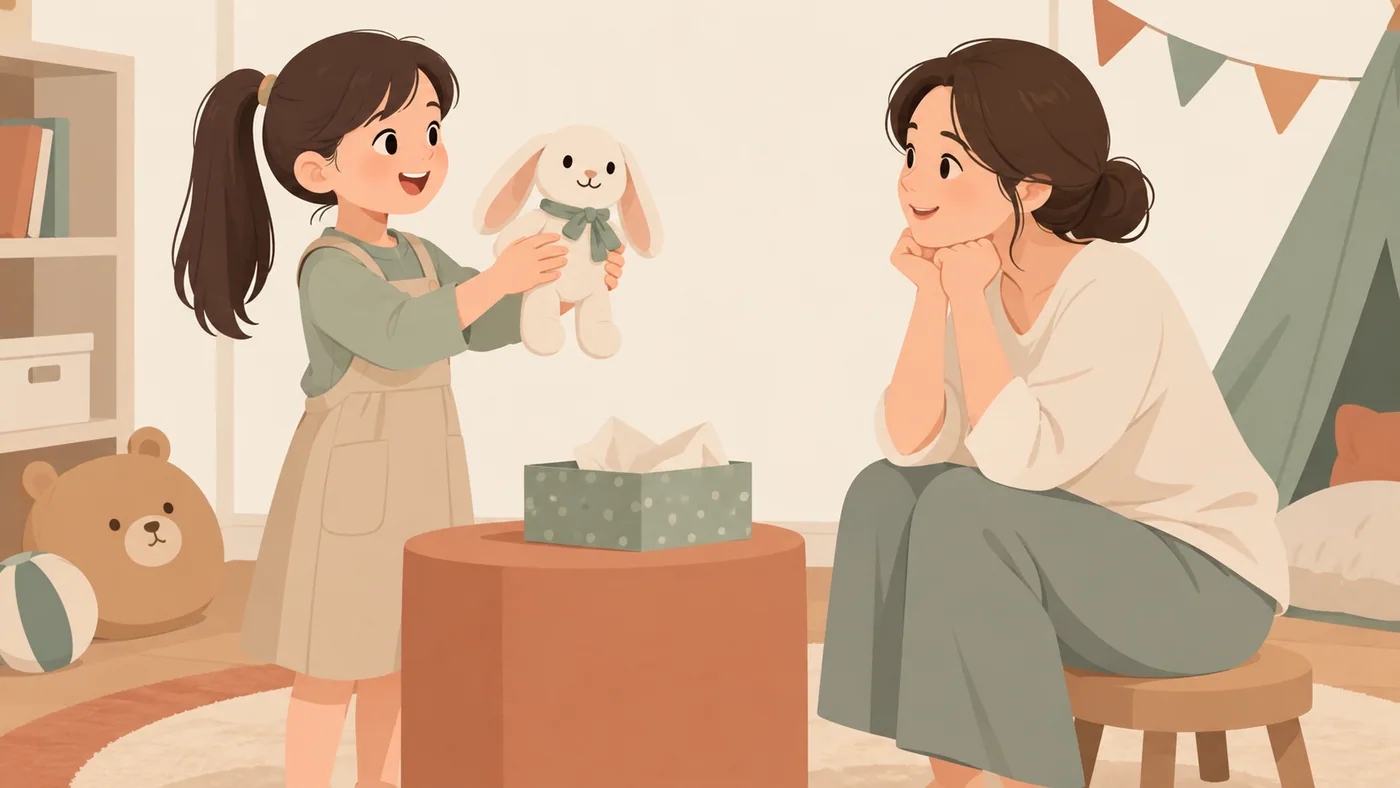 女孩站着举起兔子玩偶向坐在低凳上的母亲讲述，两人面部高度相近。