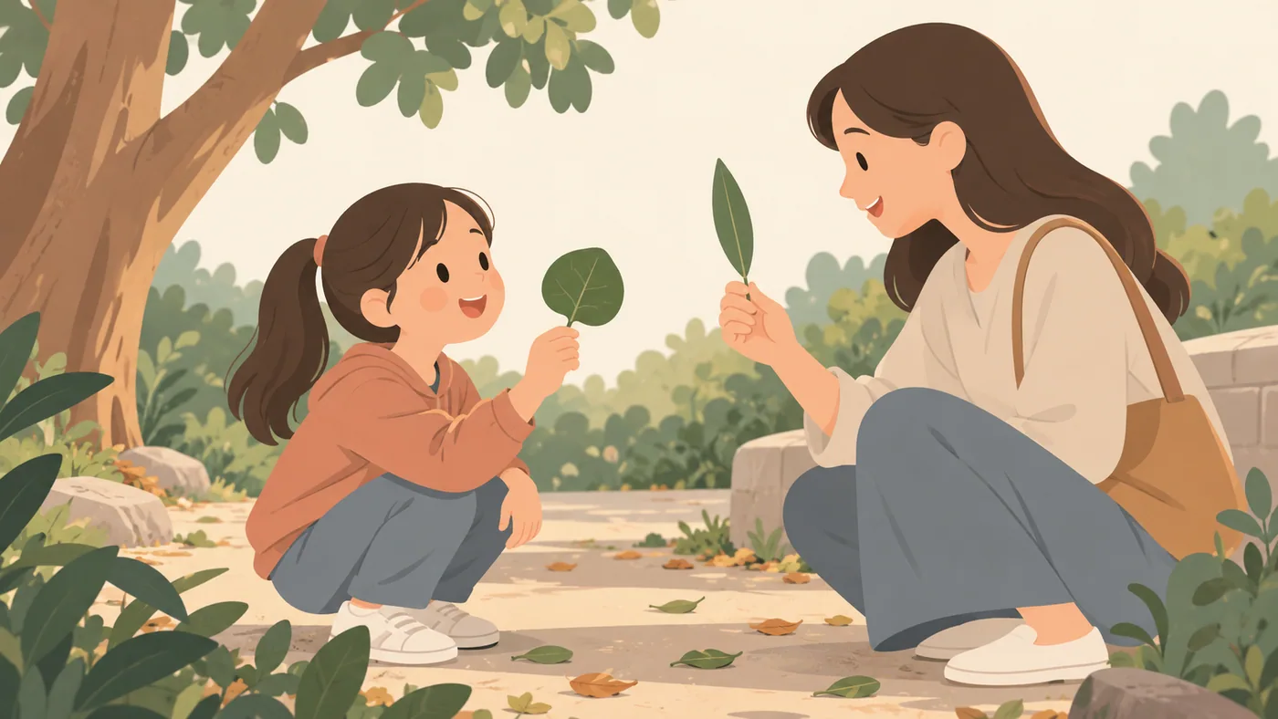 女孩与母亲在户外各拿一片不同形状的叶子,相对蹲着交流,地上有落叶。