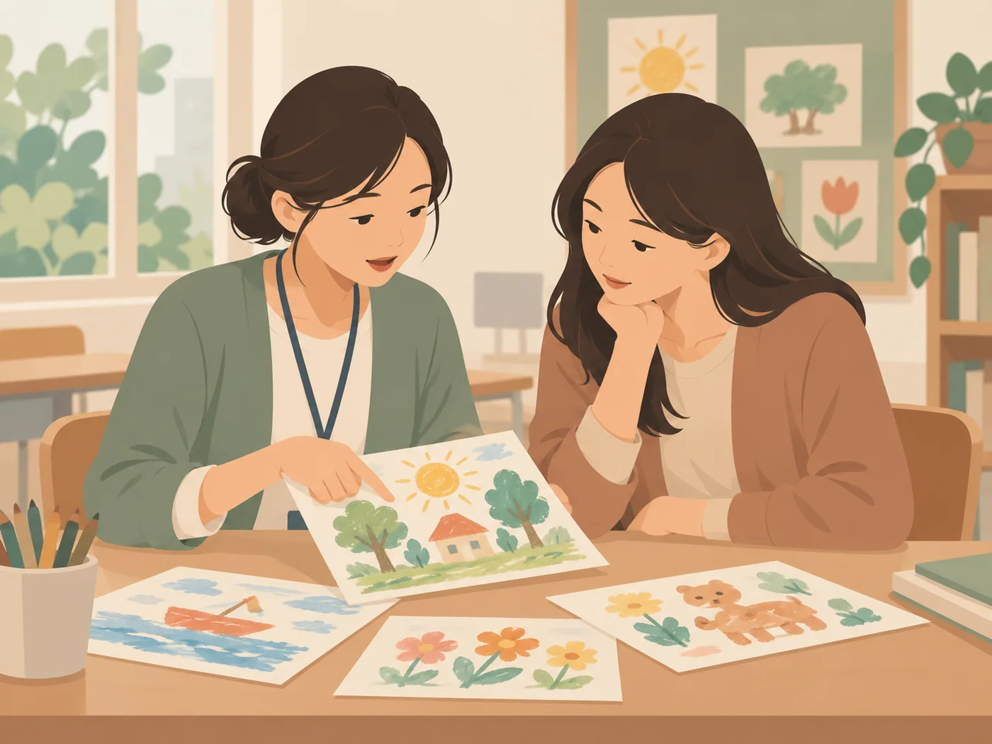 教师与母亲讨论孩子的绘画作品,教师指向作品,教室背景明确,无儿童