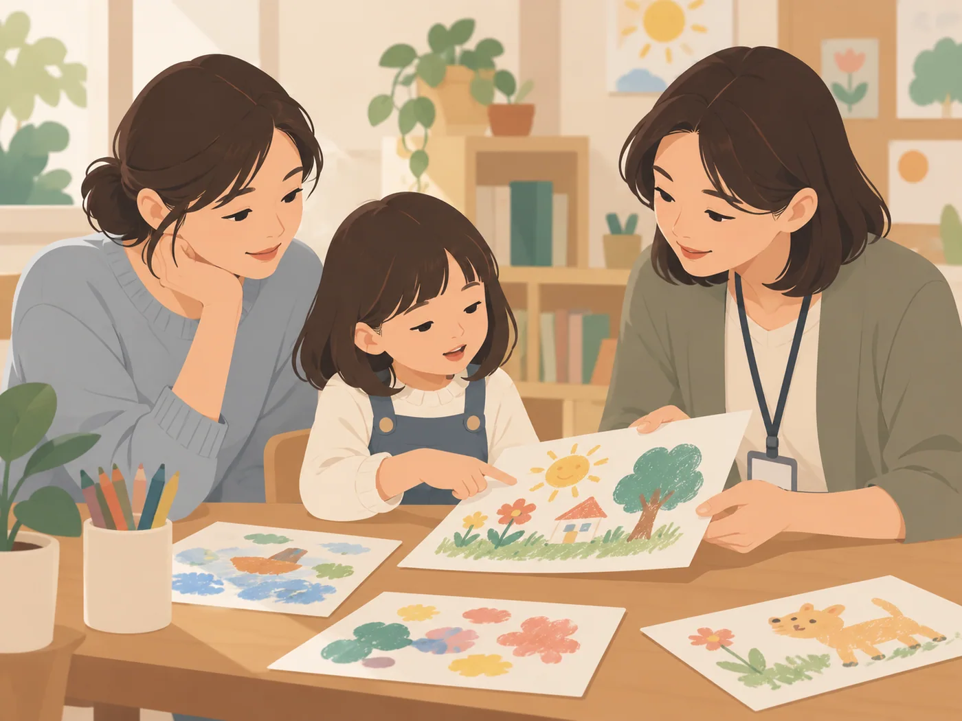 学前女孩与母亲、教师共同查看绘画作品