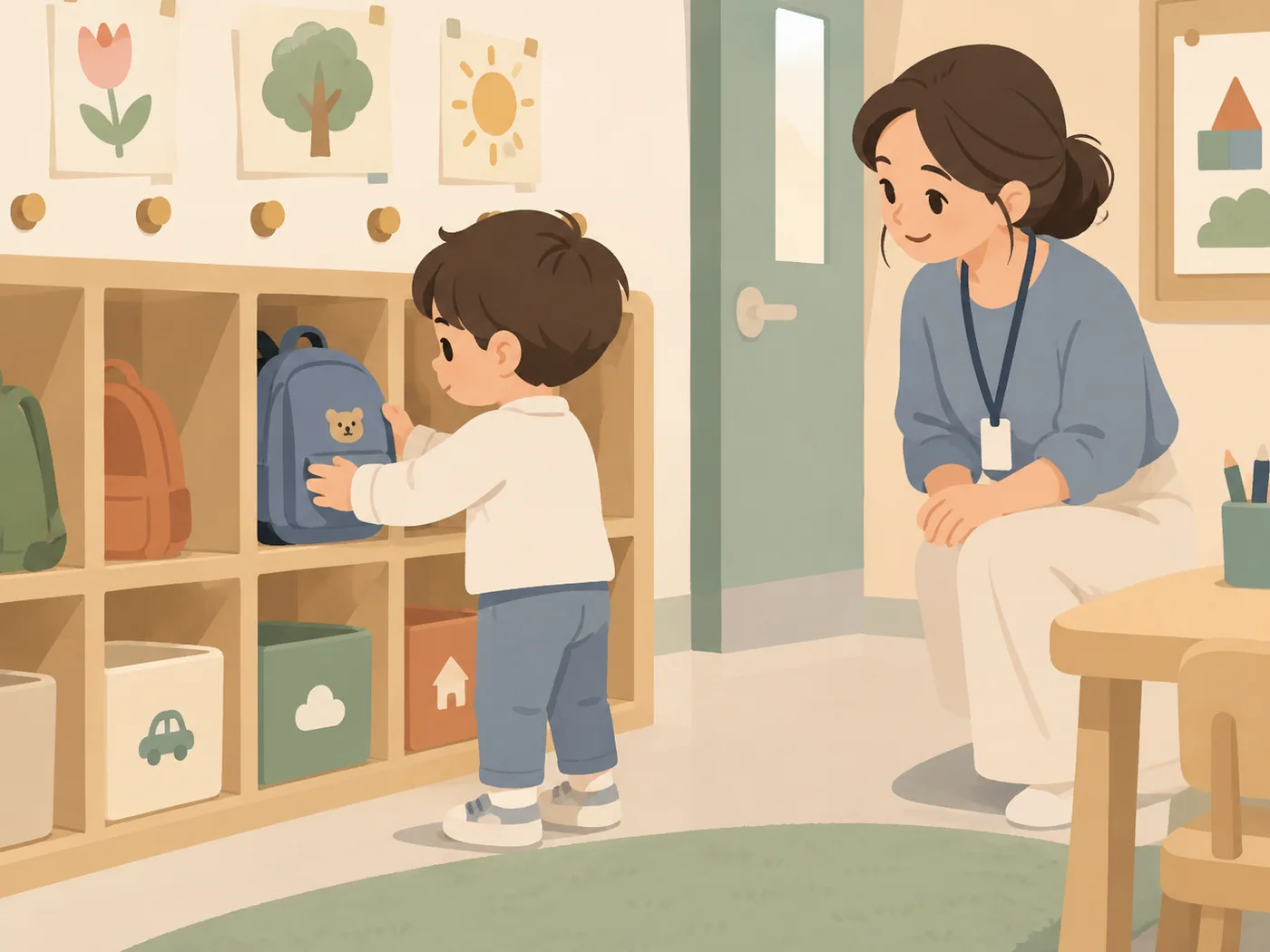 幼龄孩子将书包放进教室收纳格，教师在旁等待