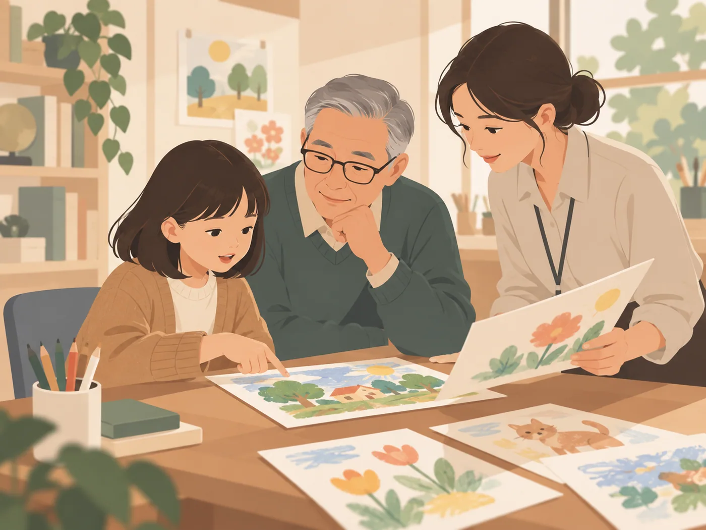 女孩向祖父与教师介绍绘画作品
