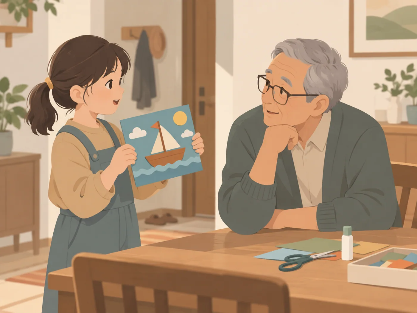 女孩向祖父介绍帆船作品,祖父认真倾听