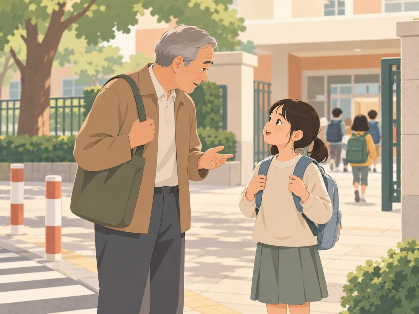 祖父与背书包女孩在校门外轻松交谈