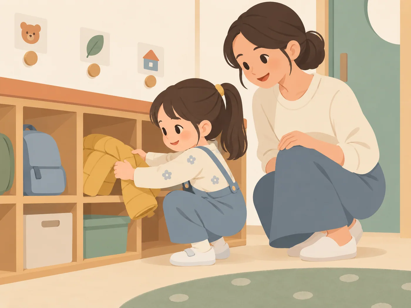 幼龄女孩在教师陪伴下把黄色外套放进低矮储物格，格子上方有图形标记
