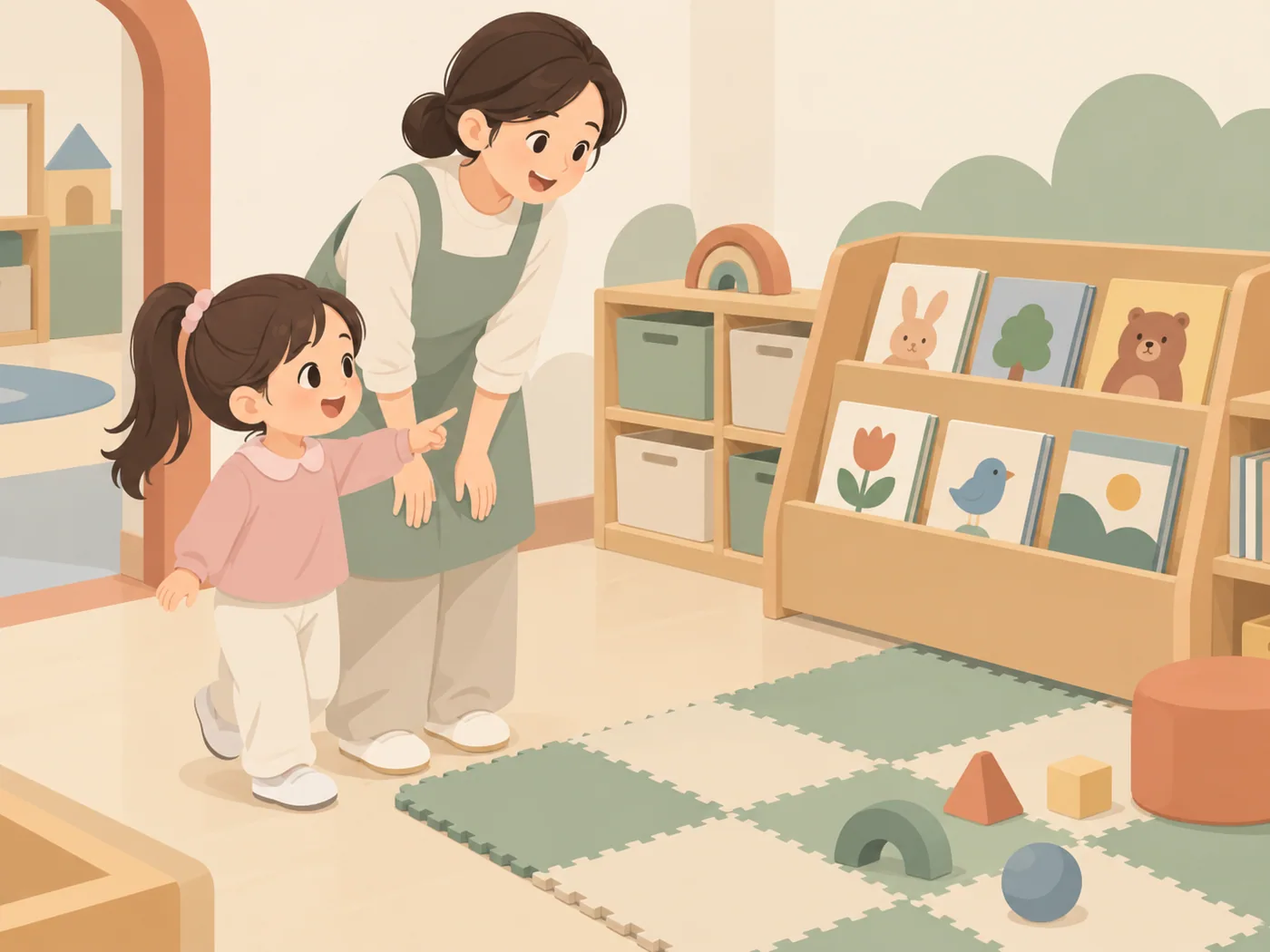 女孩在教师陪同下指向教室里的绘本展示架，旁边有活动地垫和收纳柜。