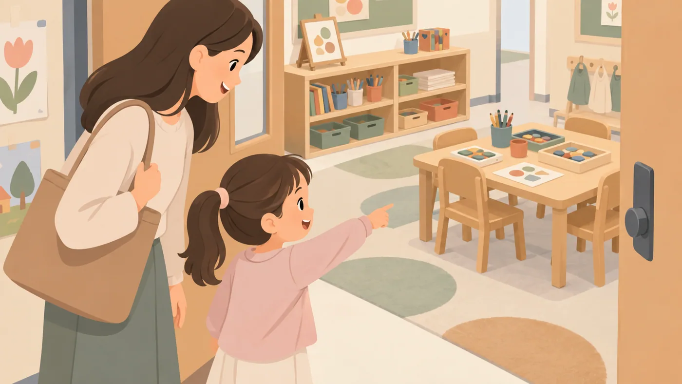 幼龄女孩在母亲陪伴下站在教室门口指向桌上的操作材料，母亲观察回应。画面表现校园参观，未展示出发前准备流程。