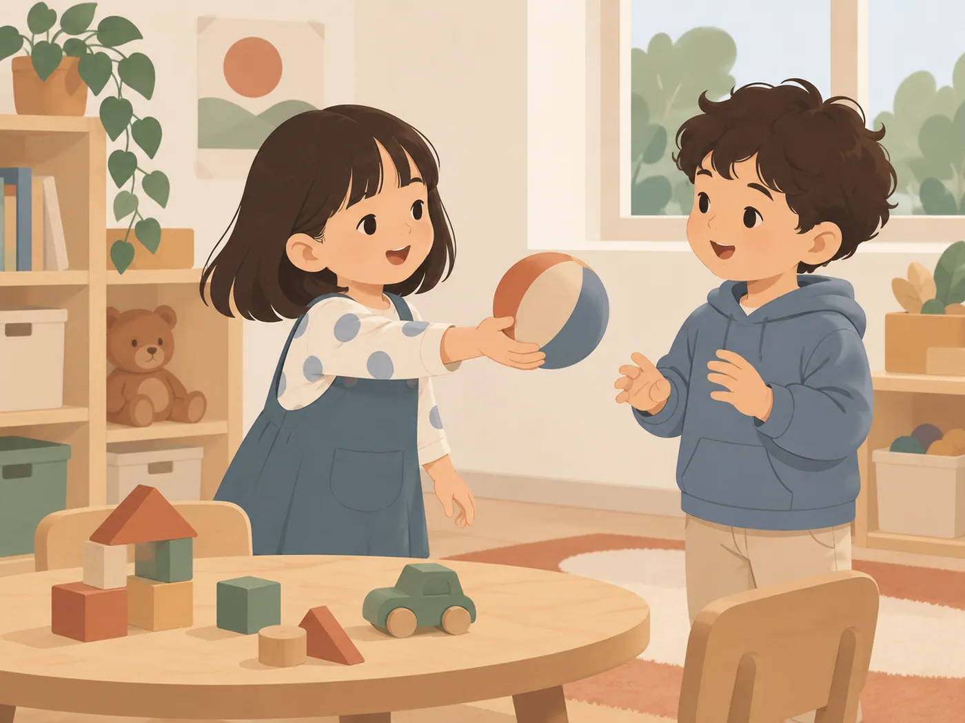 重做：两个同龄幼儿面对面，一人把球递向伙伴邀请，另一人回应，无成人