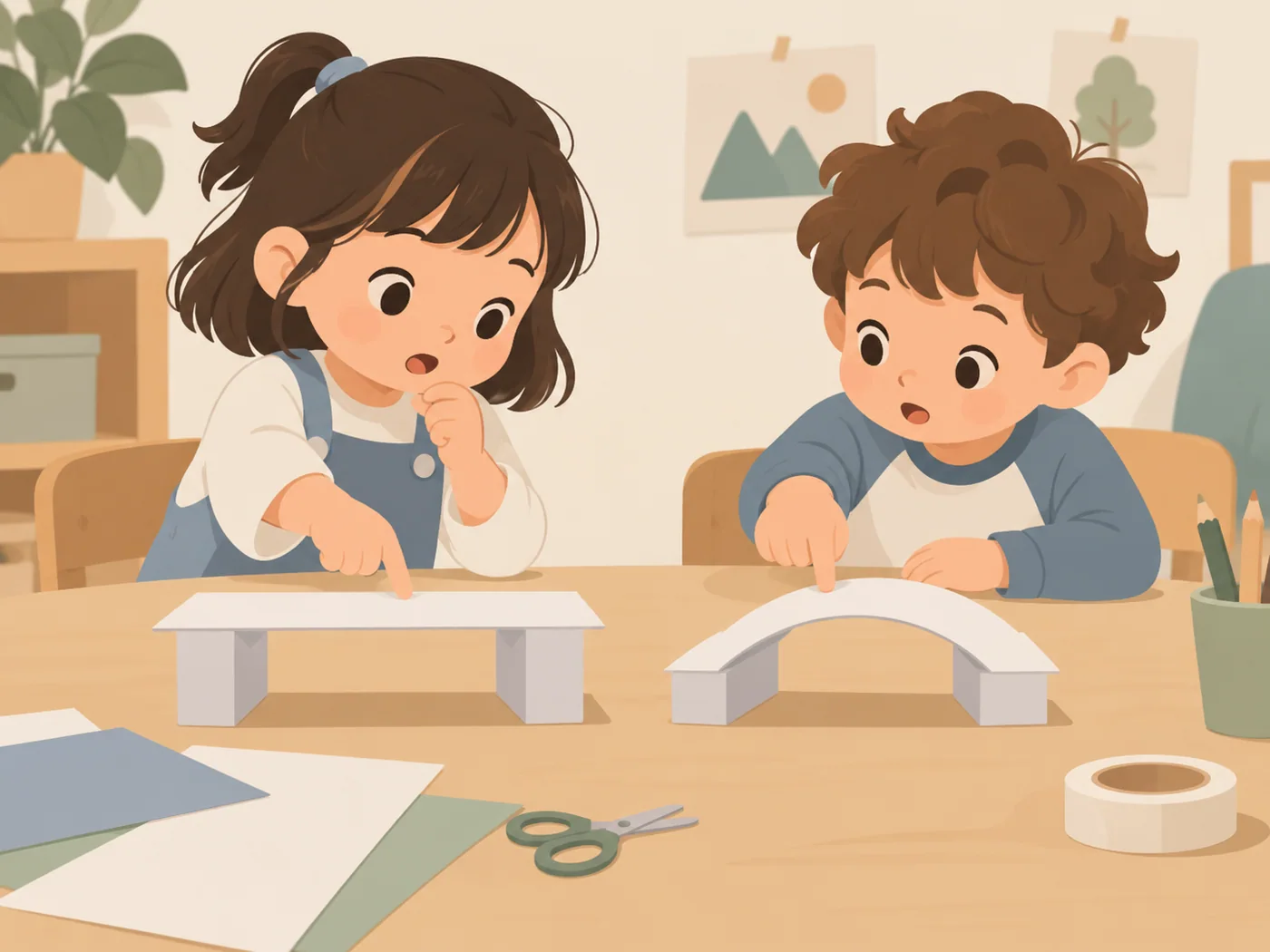 两名幼龄孩子指向不同纸桥模型讨论,适合同伴协商和多种方案。