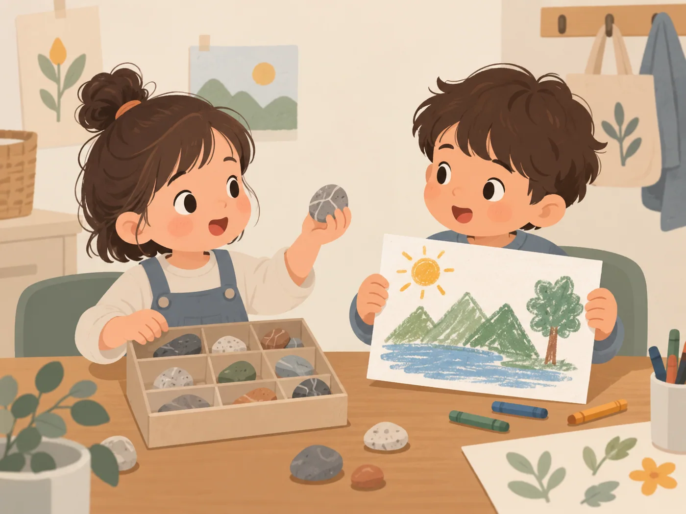 女孩分享石头收藏、男孩展示绘画