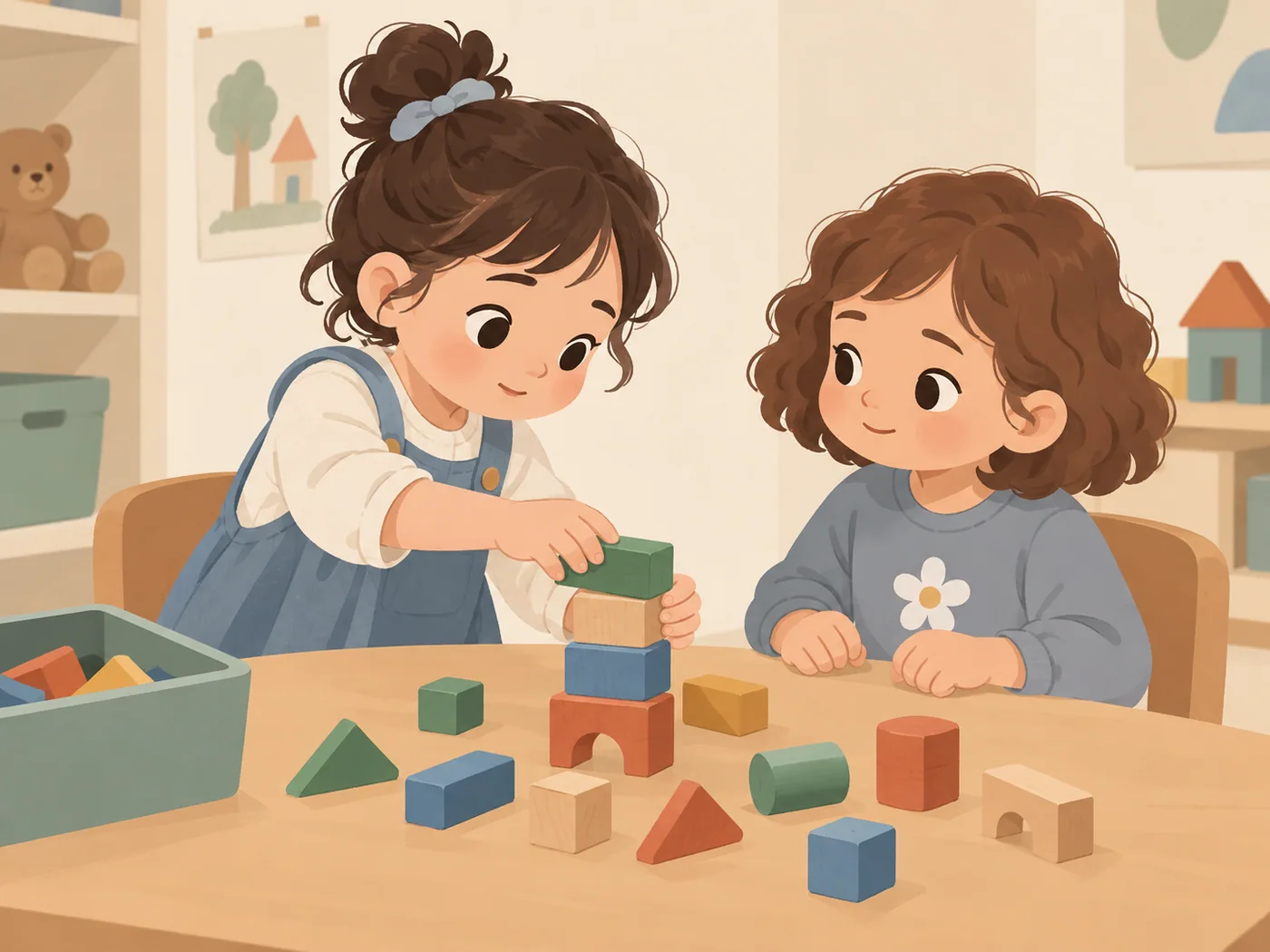 女孩重新搭起积木，同龄伙伴旁观察