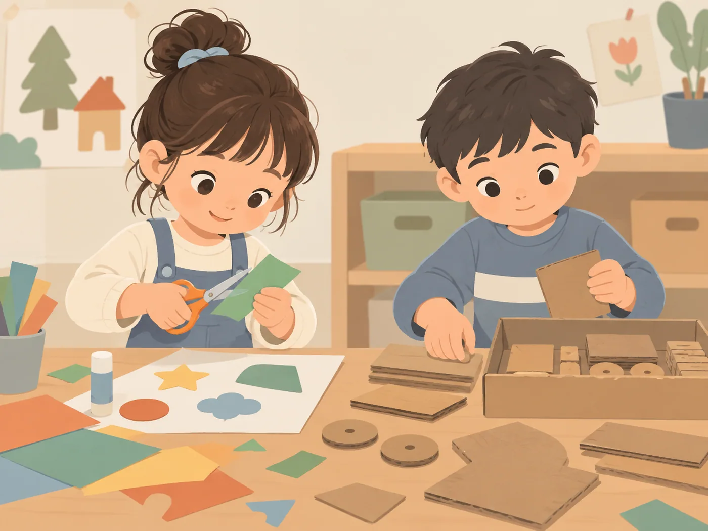 女孩剪纸,同龄男孩整理纸板,具体分工清楚
