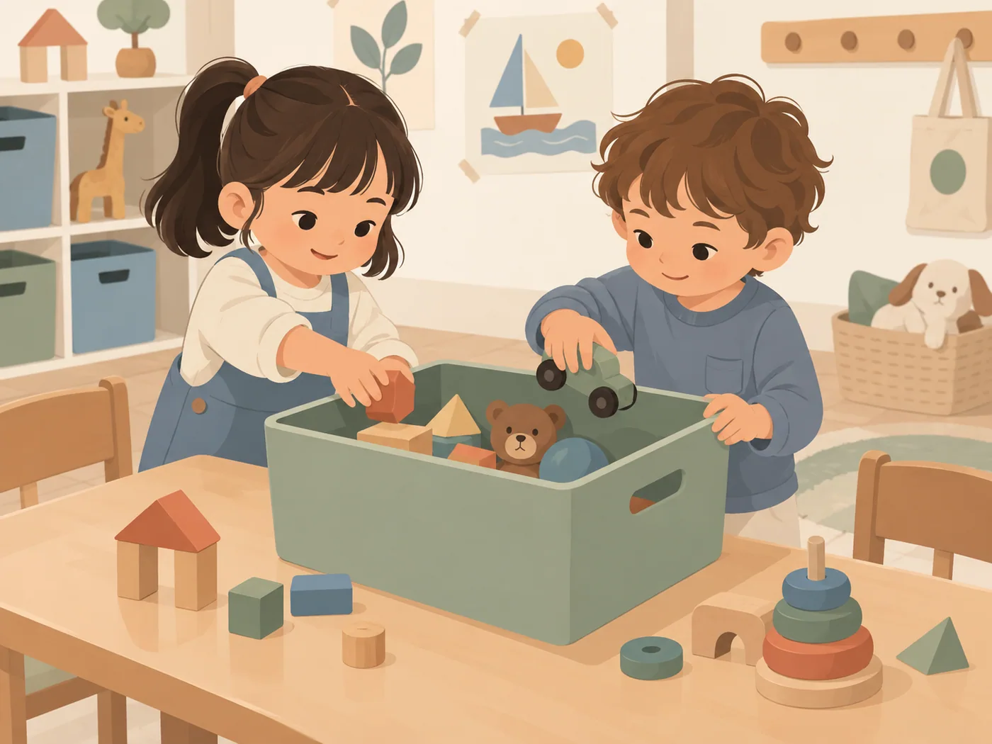 女孩与男孩一起把玩具收进盒中，明确共同整理动作、手臂连接正常。