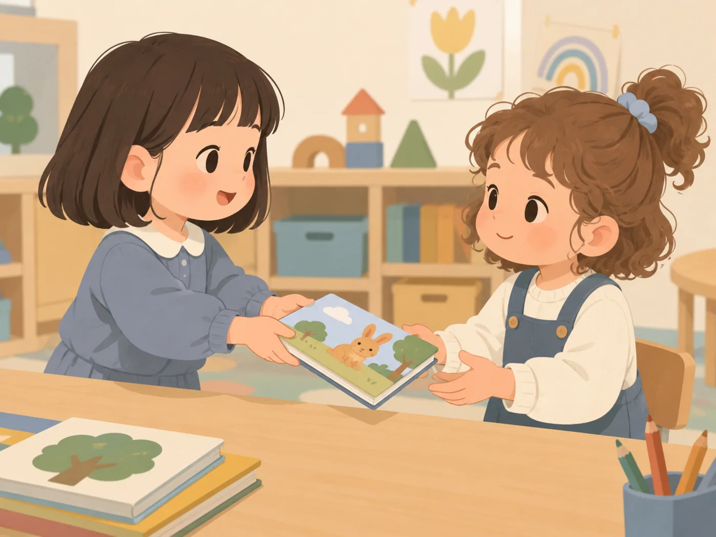 两名女孩交接绘本，双手自然