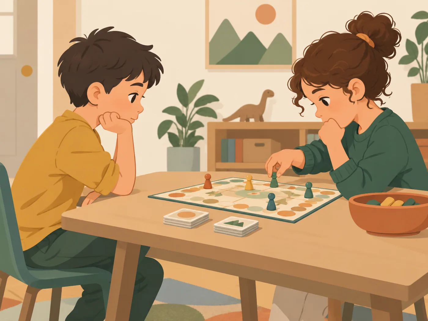 男孩安静等待，女孩正在移动桌游棋子