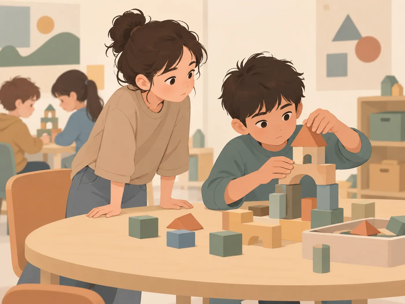女孩俯身观察同龄伙伴搭积木