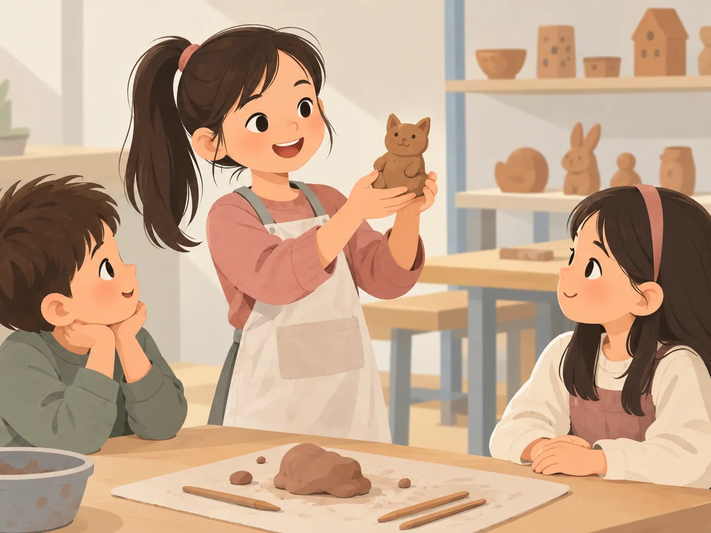 女孩双手展示猫形泥塑，旁边一男一女在桌前观看