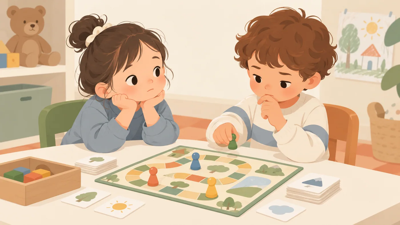 女孩安静等待男孩思考棋盘下一步,两名同伴手臂自然