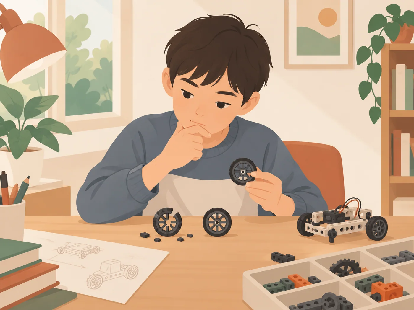 学龄男孩对比破损和完整模型轮子，桌上有已组模型及零件
