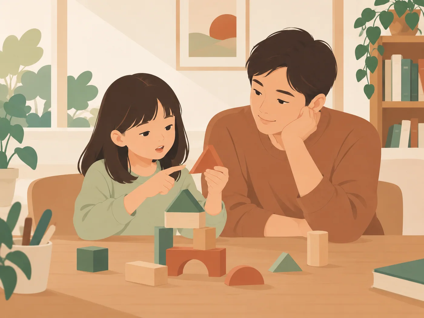 女孩拿三角积木并指着解释,父亲听她讲解,桌上几何积木