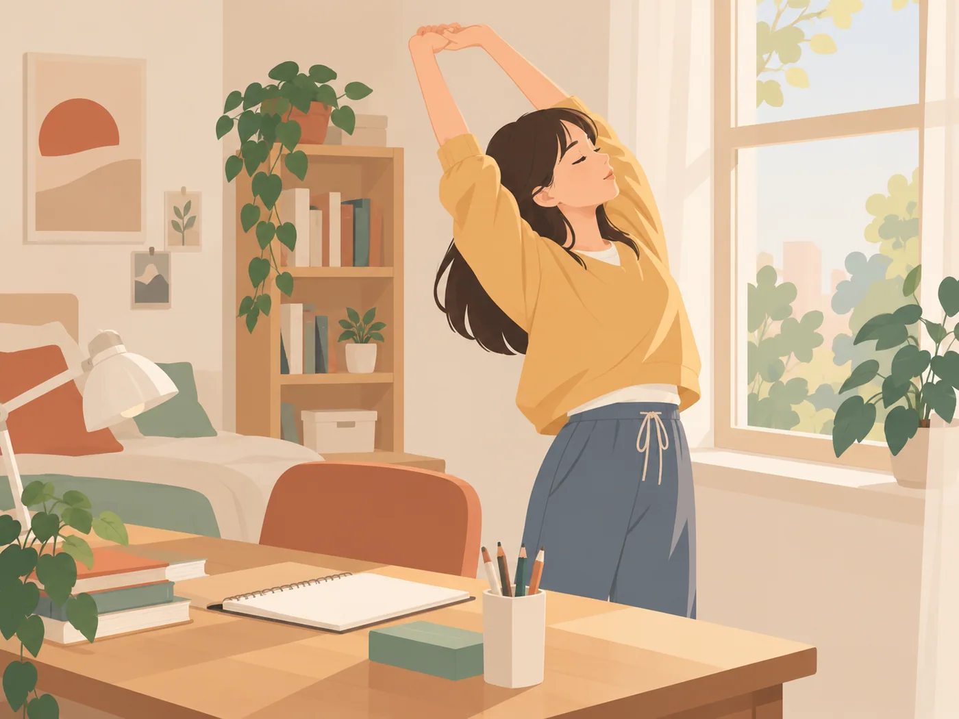青春期女孩从书桌前起身在窗边伸展，桌面书本与空白本保留