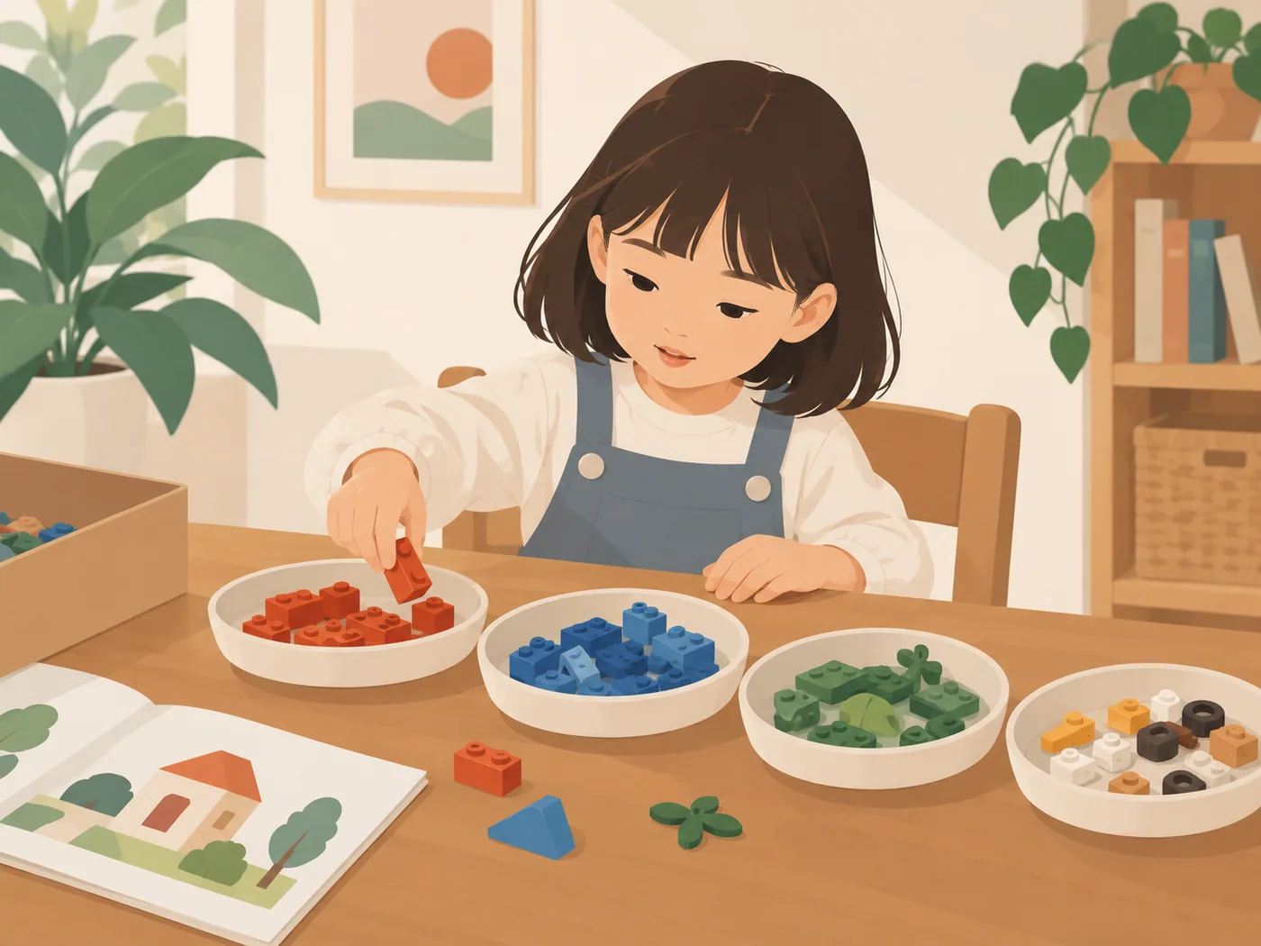 女孩将积木分成不同小组