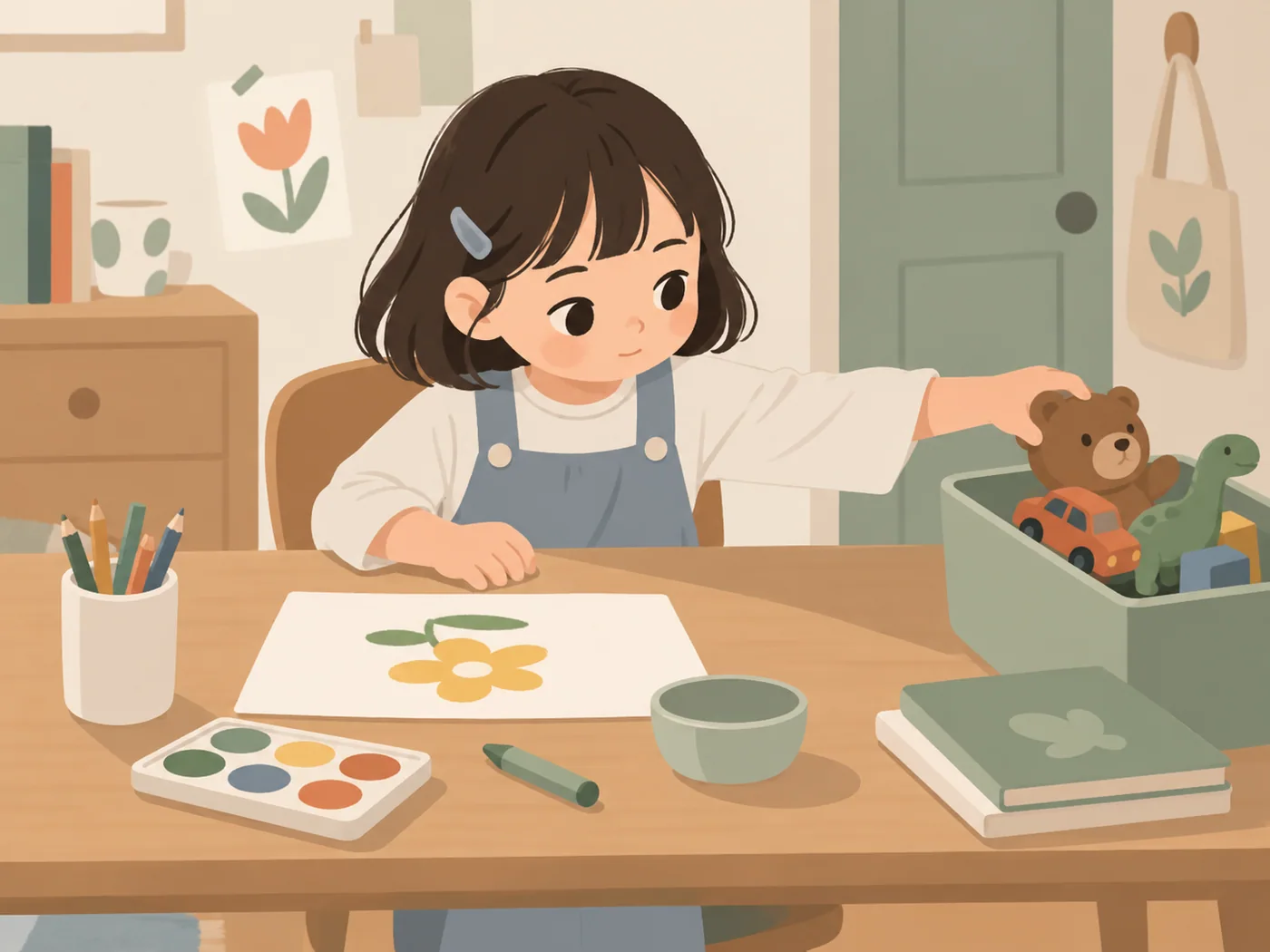女孩将玩具放到一旁盒中,保留绘画材料