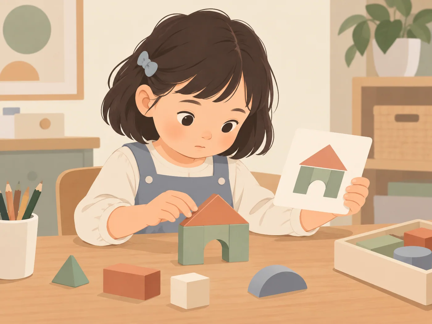 女孩拿参考图卡检查积木房屋