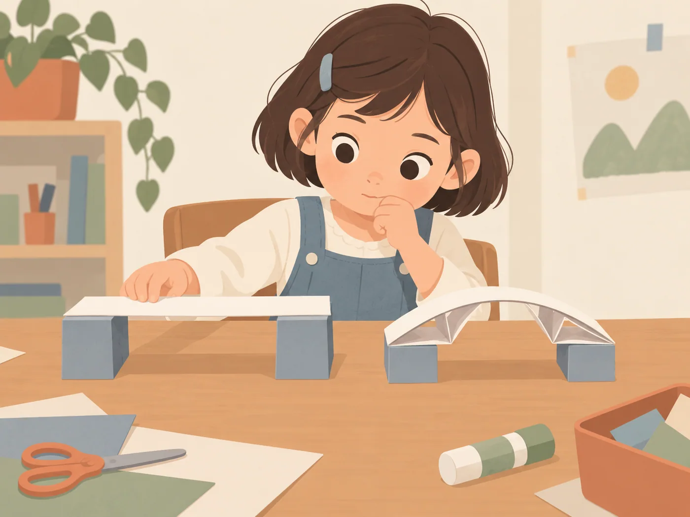 女孩比较两种纸桥结构，双手正常