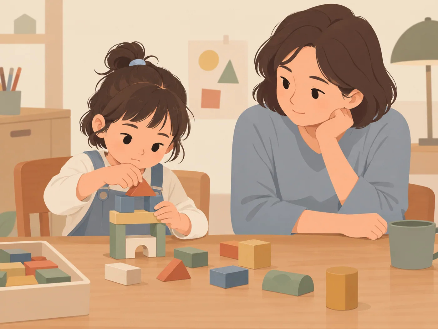 女孩尝试搭积木,母亲观察等待,四手自然。