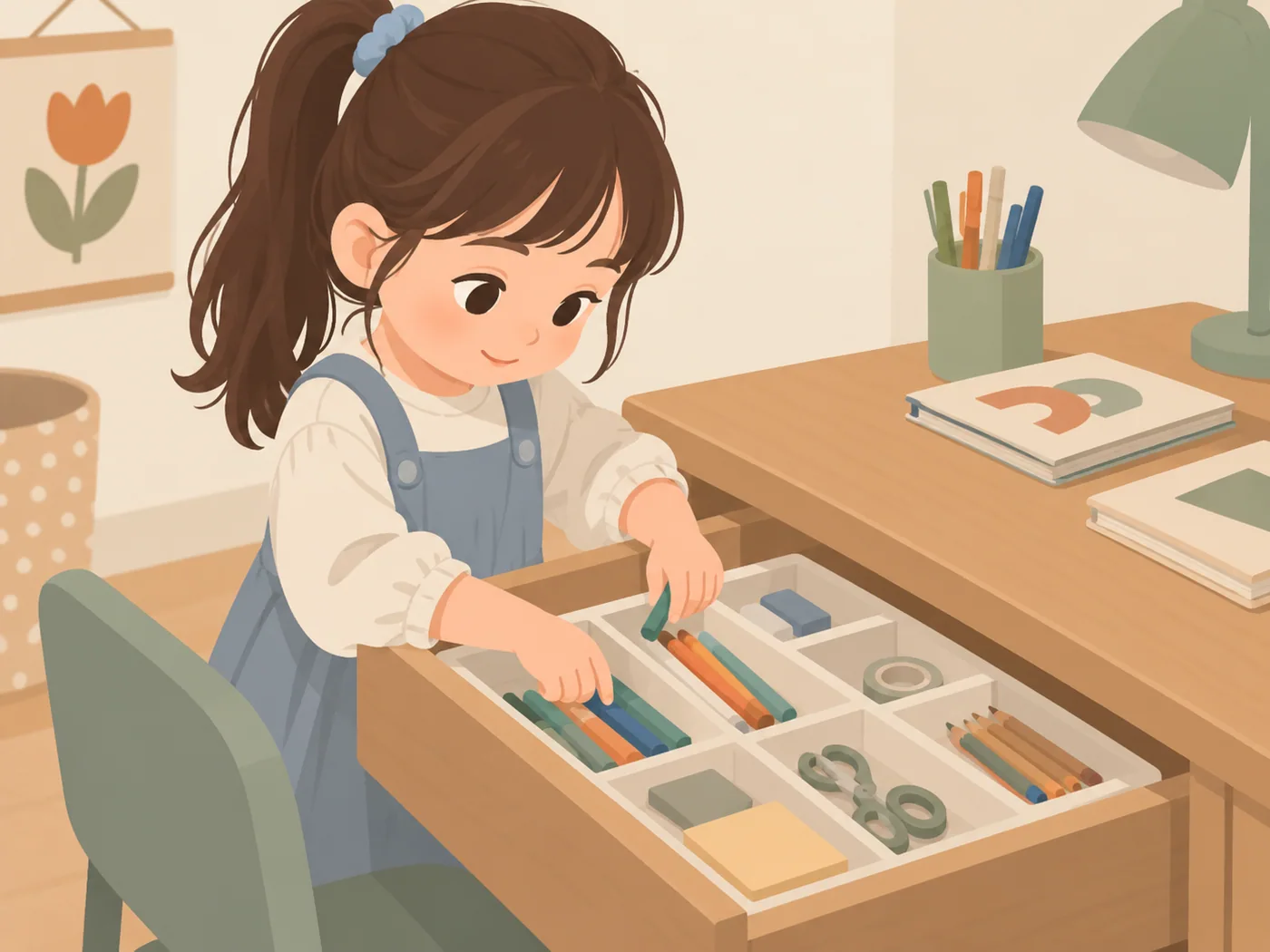 女孩把彩笔放进抽屉分格，抽屉里还有铅笔、胶带和剪刀等文具。