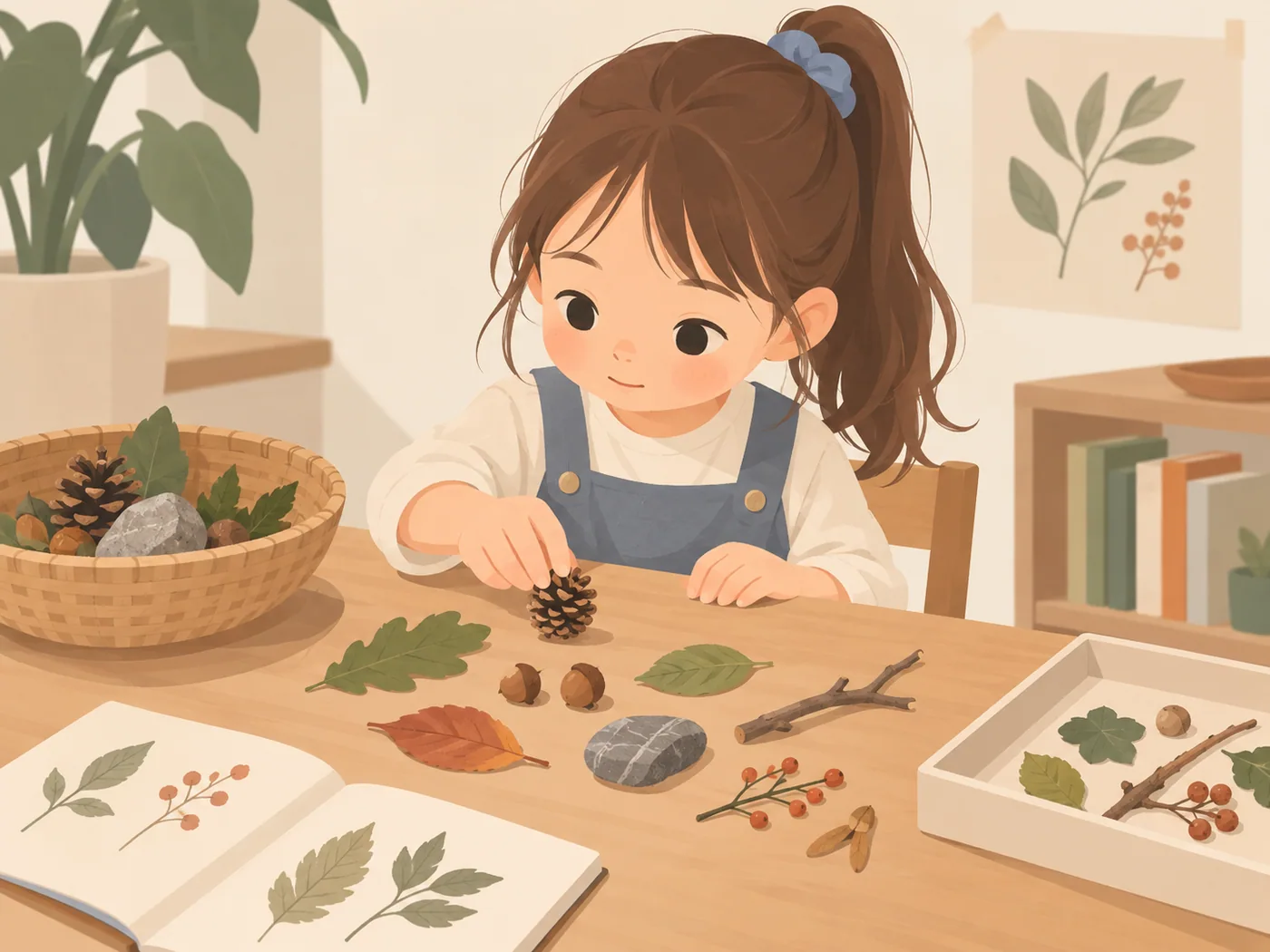 女孩在桌边伸手拿松果,桌上有叶片、石头、枝条和植物图册。