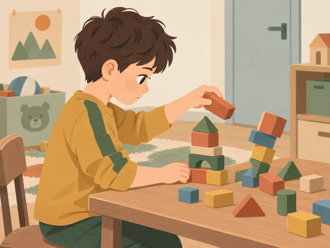 男孩重新搭建积木，双手自然