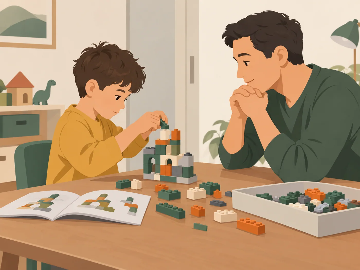 男孩在桌上搭建拼插积木，父亲双手交握在旁观察，桌上有图示说明书。