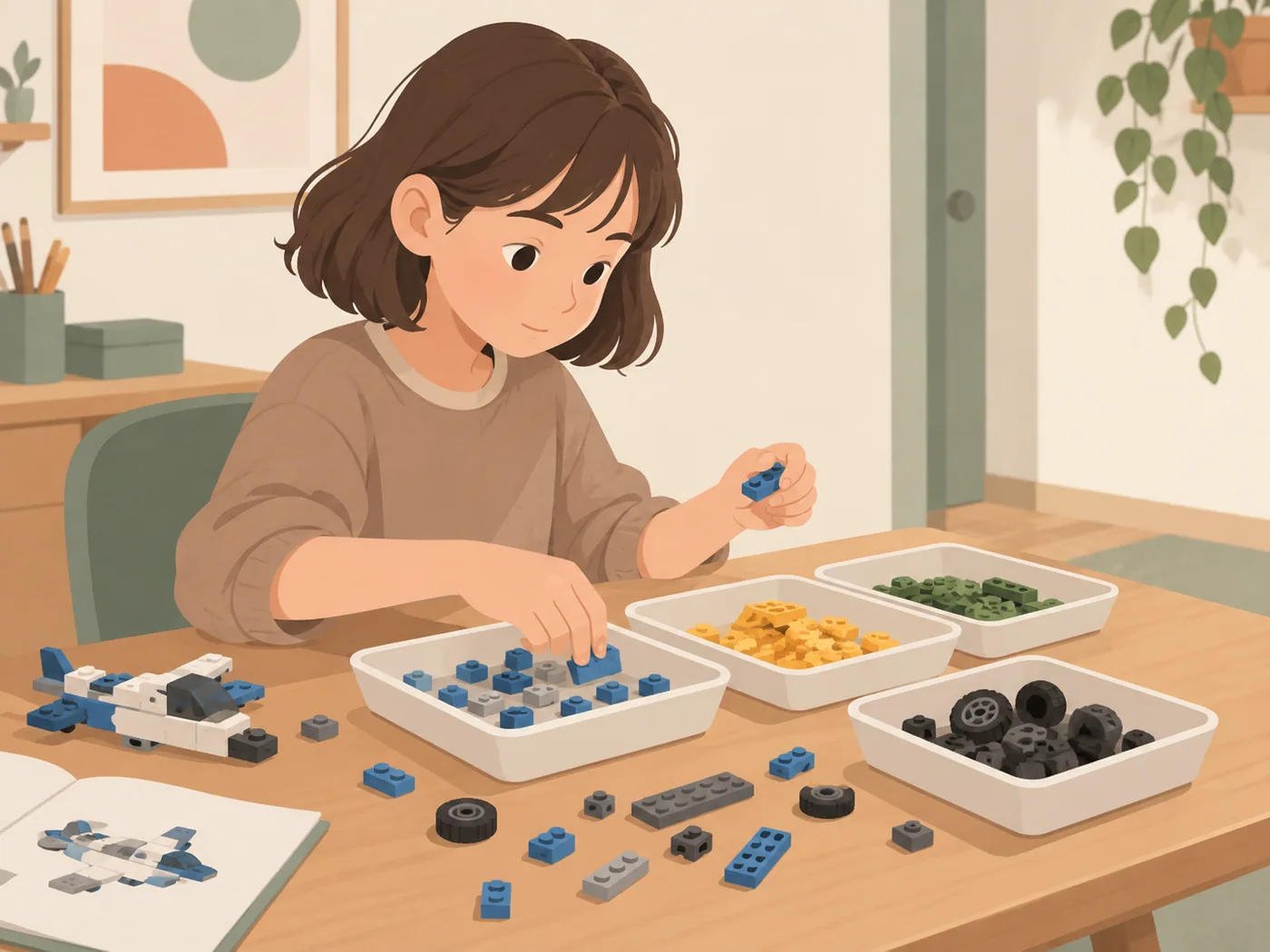 女孩按颜色分类积木模型零件
