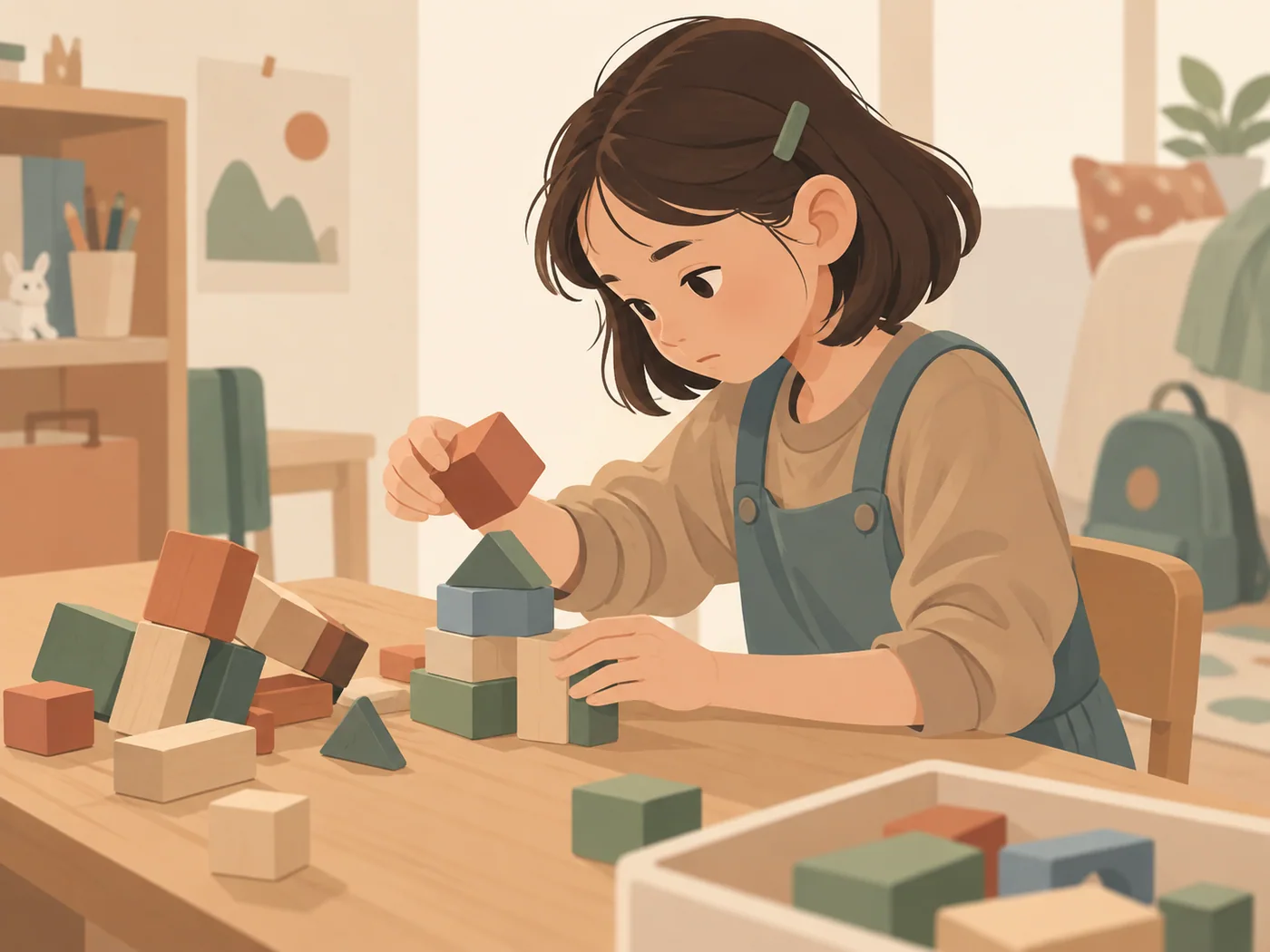 女孩重搭积木,双手自然