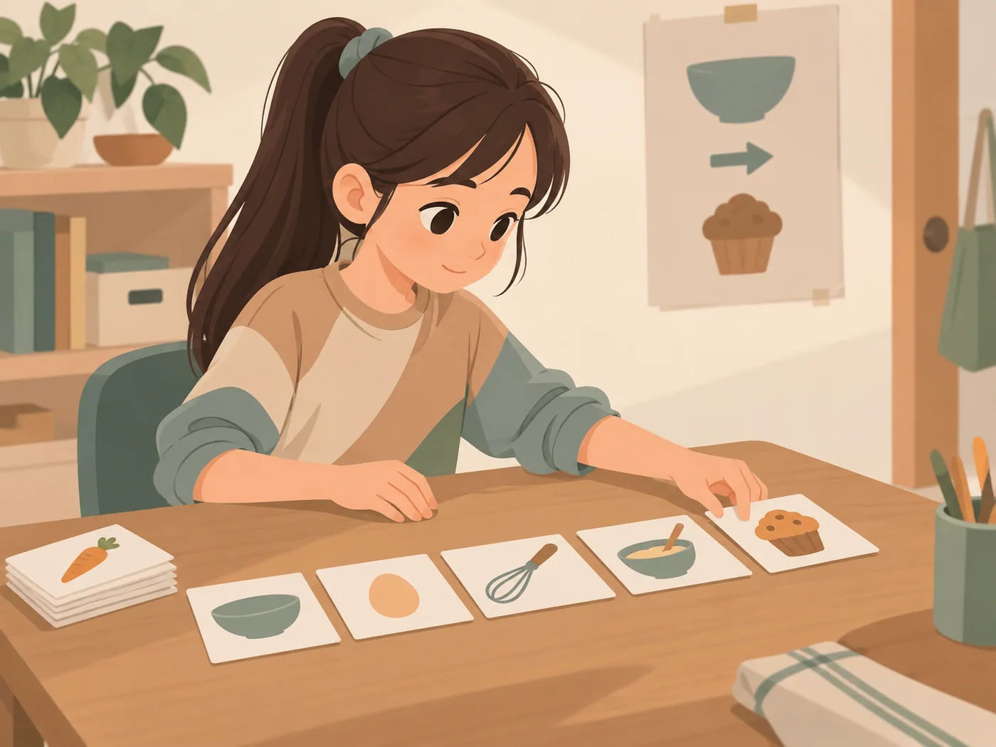 女孩在桌上排列碗、鸡蛋、打蛋器、面糊和糕点图案的卡片,手里调整糕点图卡。