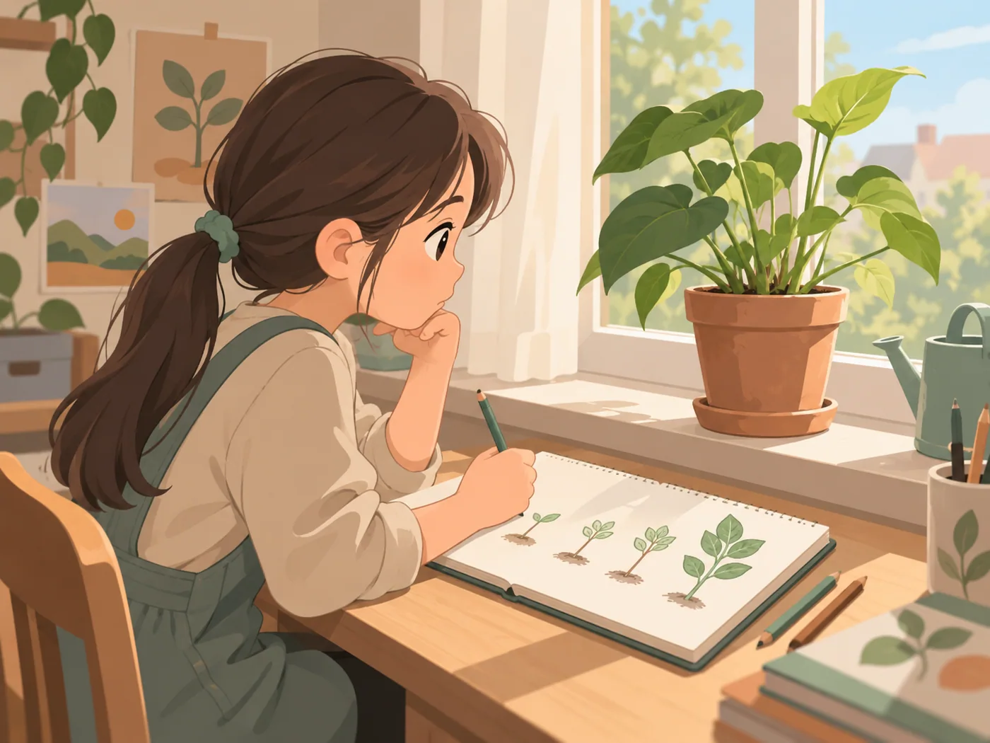 女孩在桌边观察盆栽并拿笔记录,画册上有不同大小的植物图案。