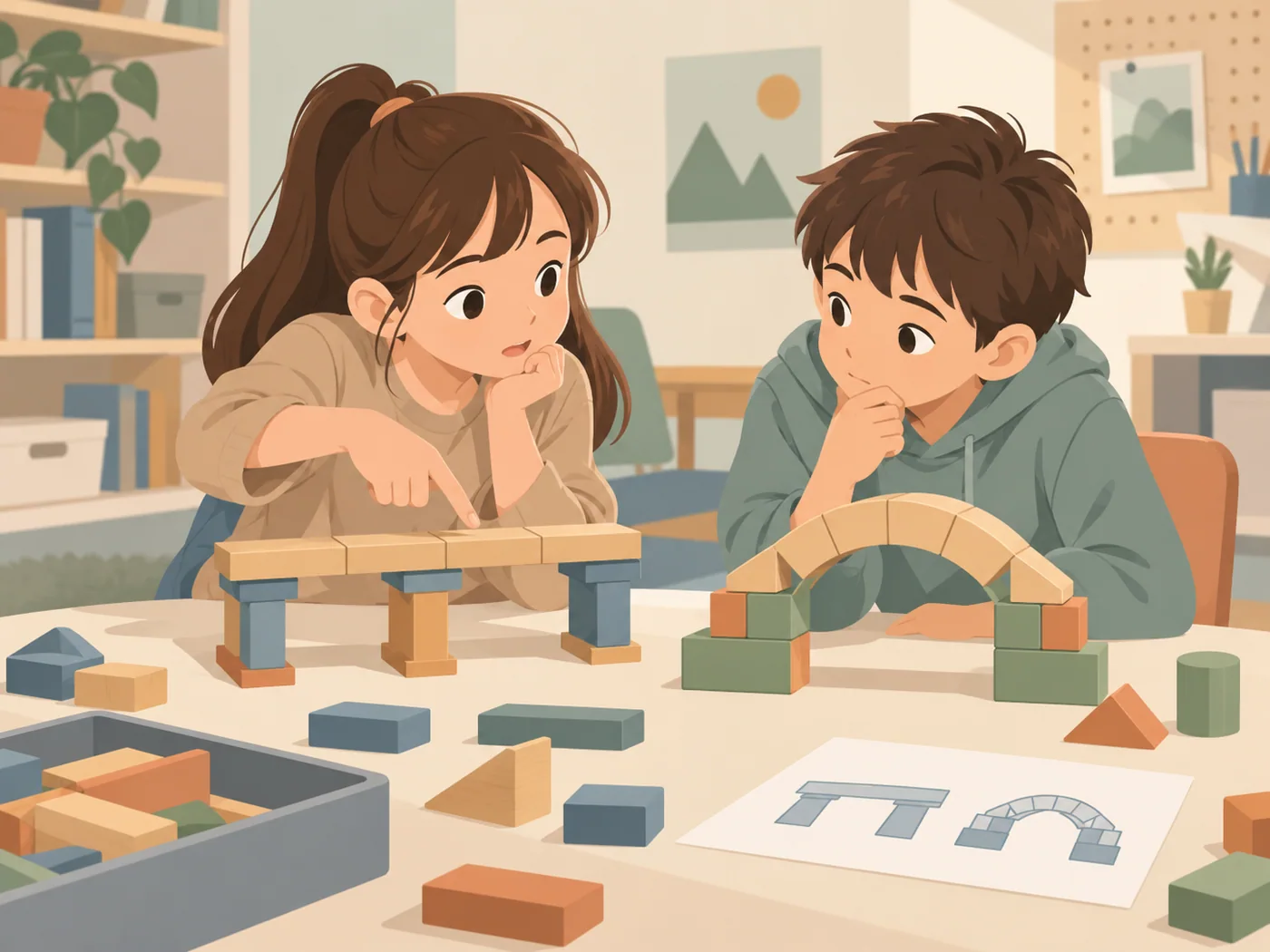 女孩与男孩在桌边共同观察平直与拱形积木桥，女孩指向桥面，桌上有桥梁图示。