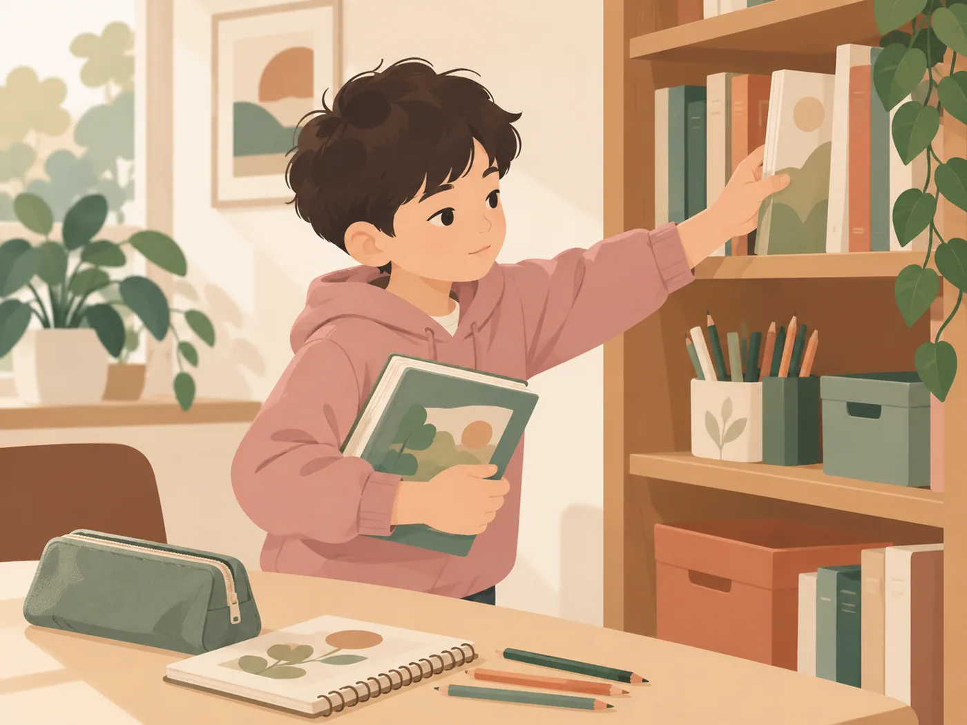 学龄男孩独自从书架取书，桌面文具准备齐
