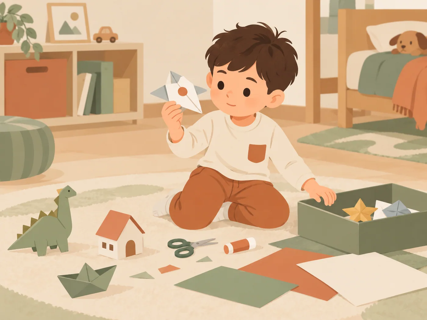 幼龄男孩举起选定折纸模型