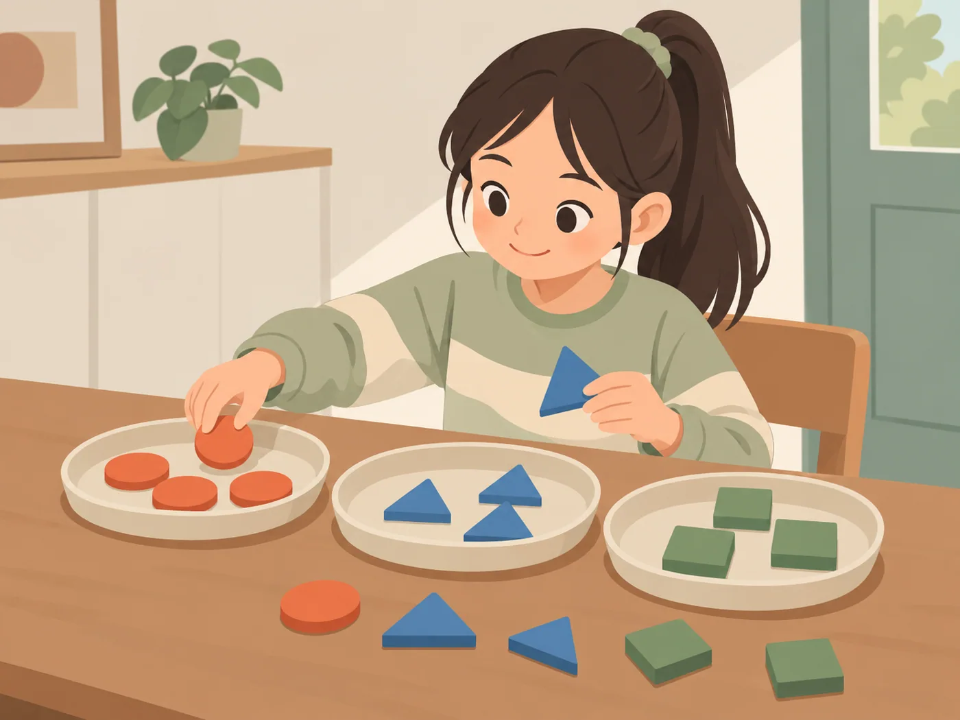 女孩在桌边把红色圆片、蓝色三角片、绿色方片分别放在三个托盘中。