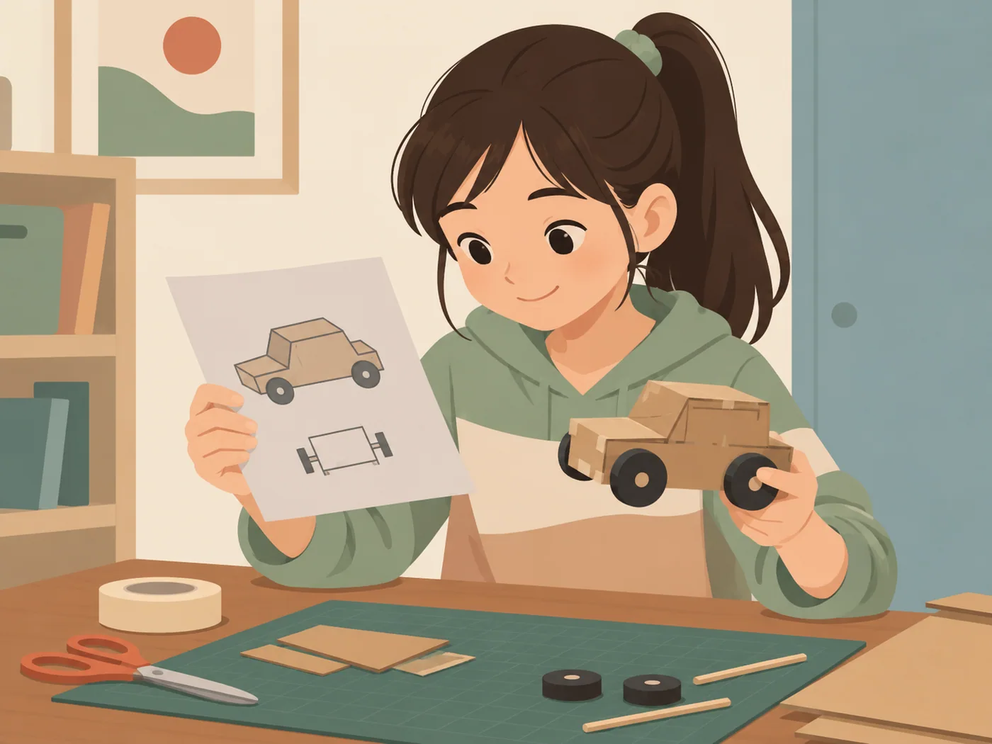 女孩拿着无文字小车结构图和纸板小车，桌上有剪刀、胶带与裁切垫。