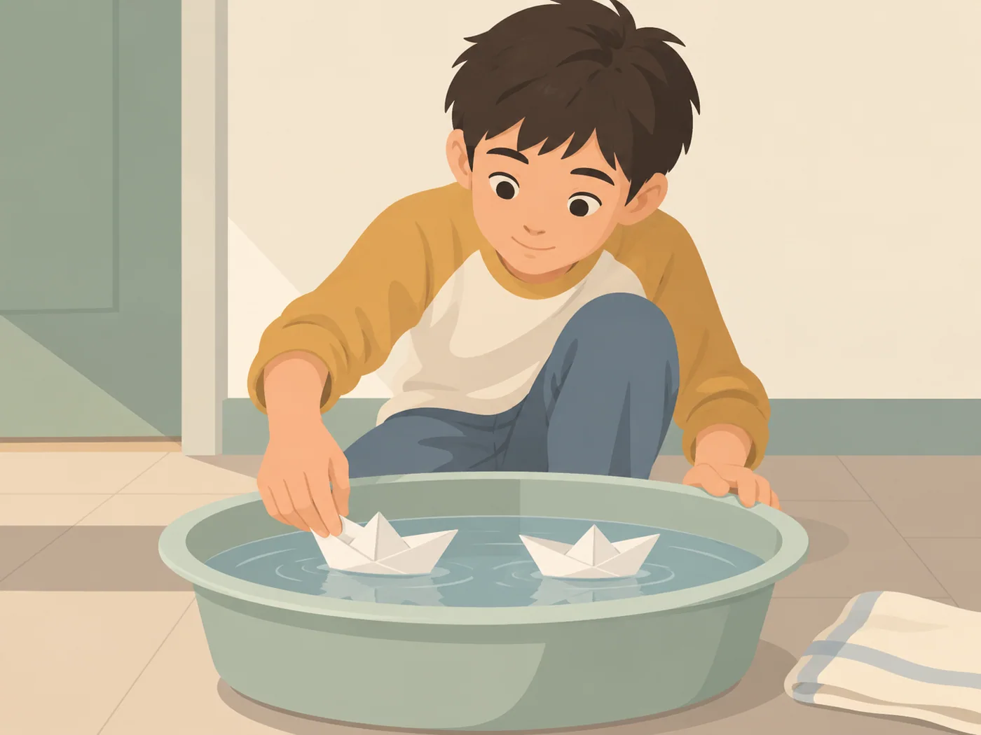 男孩蹲在水盆边触碰纸船，盆里有两只纸船。