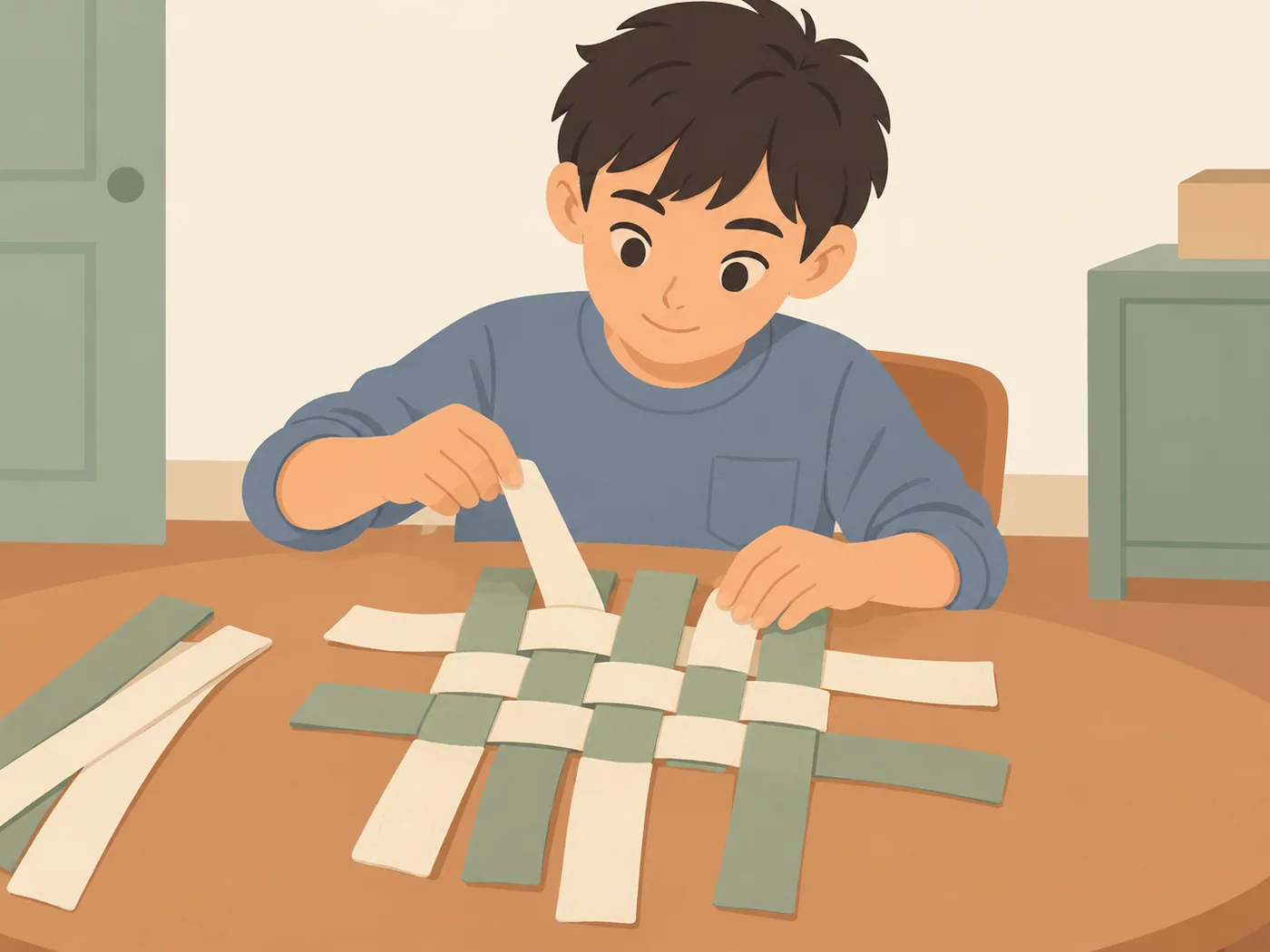 男孩在桌上将绿白纸条交错编织。