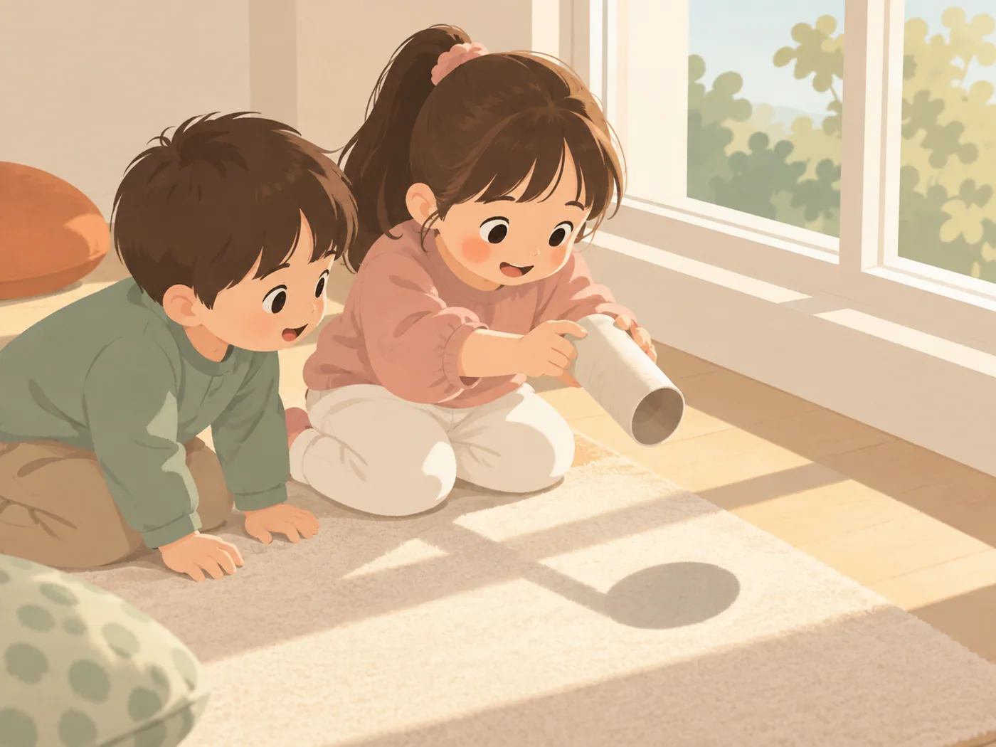 幼龄女孩拿着纸筒与男孩同伴一起观察地上的圆形影子，两人在明亮窗边的地毯上活动。