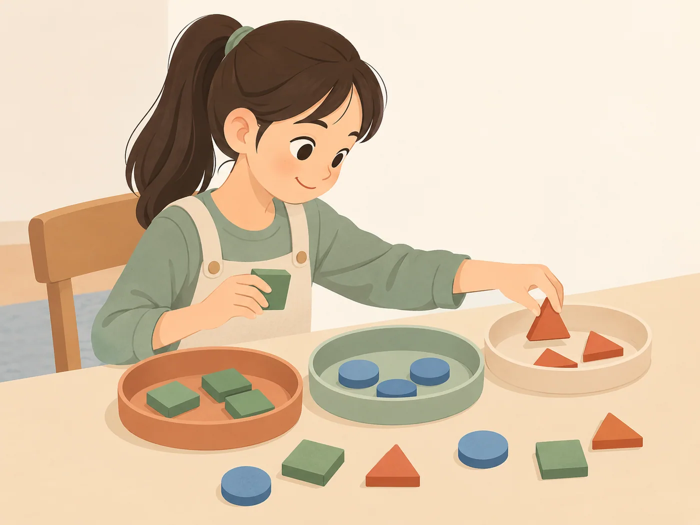 女孩坐在桌边，一手拿绿色方块、另一手把红色三角块放入盘子，三个盘子分别放着方形、圆形和三角形积木。