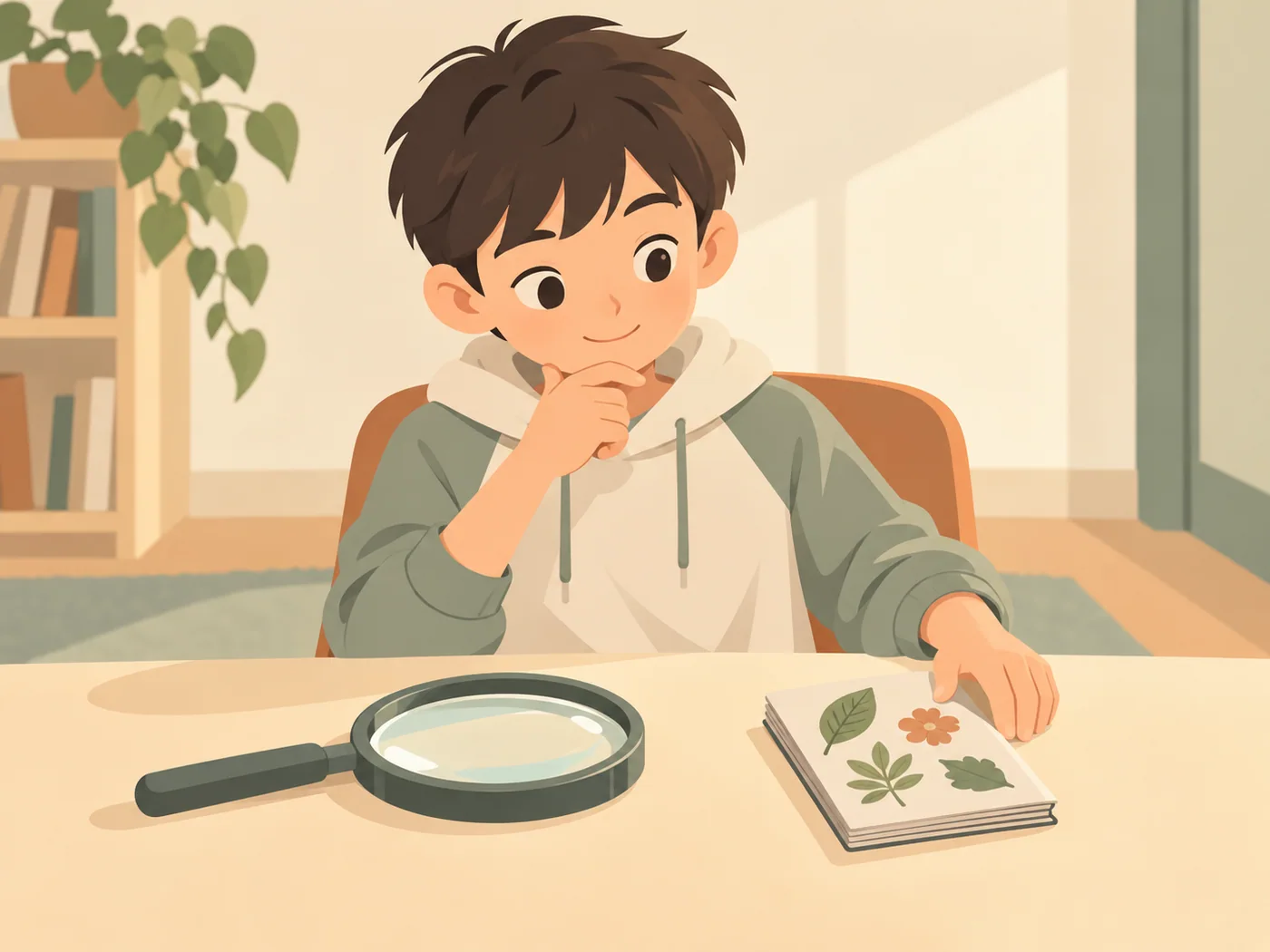 男孩坐在桌边,一手靠近下巴,另一手放在植物图画册旁