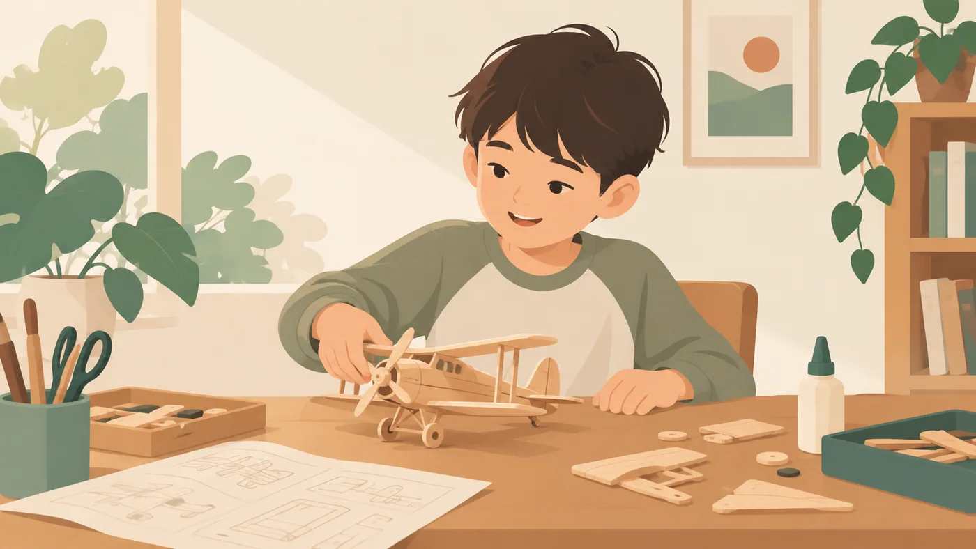 男孩完成木制飞机模型并展示，成品与制作材料可辨